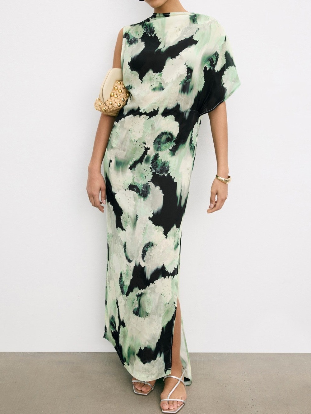 Rodebjer Alana Gown One-Shoulder Mint and Black Printed Maxi Dress